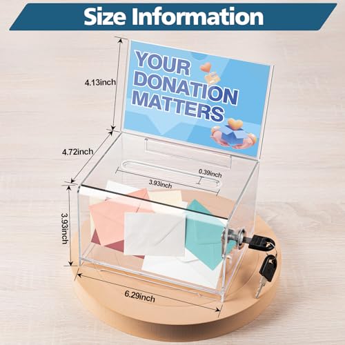 Polmart Clear Donation Box with Lock - Secure Ballot Box with Removable Sign Holder 2 Keys - for Money, Cards, Votes, Tickets, Feedback Collection (4.75"D x 6.29"W x 8"H) - color: Clear With Sign Holder