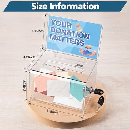 Polmart Clear Donation Box with Lock - Secure Ballot Box with Removable Sign Holder 2 Keys - for Money, Cards, Votes, Tickets, Feedback Collection (4.75"D x 6.29"W x 8"H) - color: Clear With Sign Holder