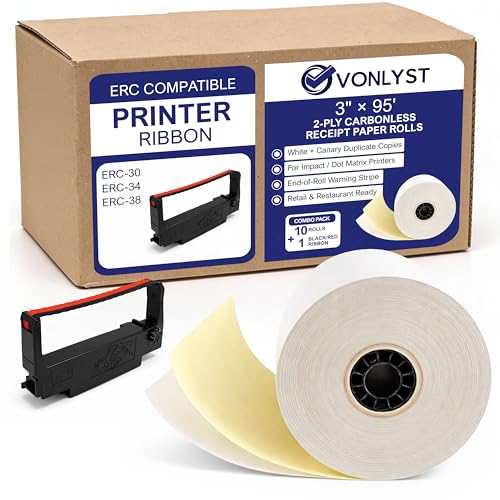 2-Ply Carbonless Receipt Paper Rolls 3" x 95' White/Canary – Compatible with Epson ERC-30 / ERC-34 / ERC-38 – 10 Rolls + 1 Replacement Printer Ribbon by Vonlyst