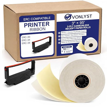 2-Ply Carbonless Receipt Paper Rolls 3" x 95' White/Canary – Compatible with Epson ERC-30 / ERC-34 / ERC-38 – 10 Rolls + 1 Replacement Printer Ribbon by Vonlyst