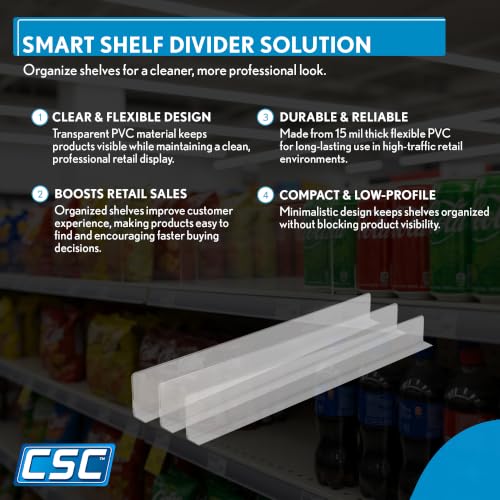 Clip Strip 50 Pack Shelf Dividers for Retail Stores, 1" H x 9-9/16" L, 15 mil Crystal Clear PVC Adhesive Mount Retail Shelf Separator Corp., SD-1510