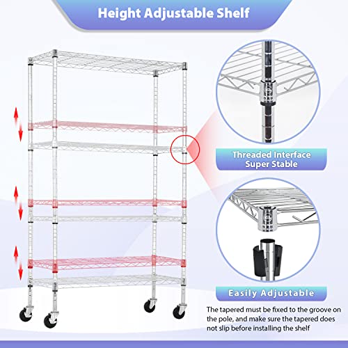 FDW | 4-Tier Wire Shelf with Wheels | 36" x 14" x 62" | Chrome - color: Chrome, size: 36×14×62