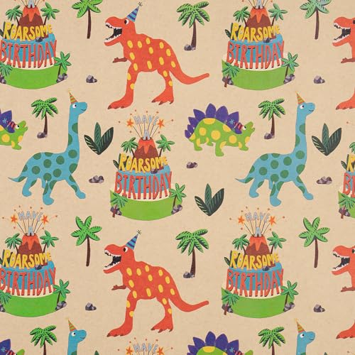 RUSPEPA Dinosaur Wrapping Paper Birthday Boy, Mini Roll, Kraft Wrapping Paper with Dinosaur and Cakes Pattern Designs, Gift Wrap for Kids, Birthday, Party and Holiday, 17 in x 16.4 ft - color: Dinosaur and Cake, size: 17 in x 16.4 ft