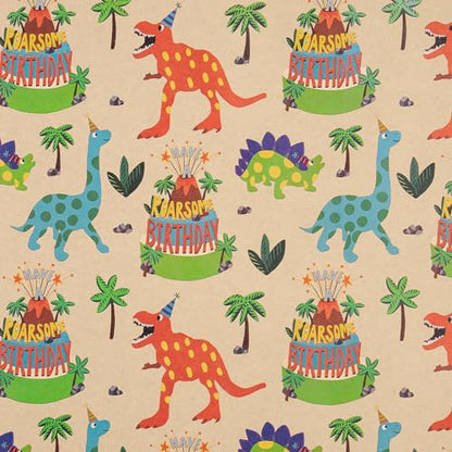 RUSPEPA Dinosaur Wrapping Paper Birthday Boy, Mini Roll, Kraft Wrapping Paper with Dinosaur and Cakes Pattern Designs, Gift Wrap for Kids, Birthday, Party and Holiday, 17 in x 16.4 ft - color: Dinosaur and Cake, size: 17 in x 16.4 ft