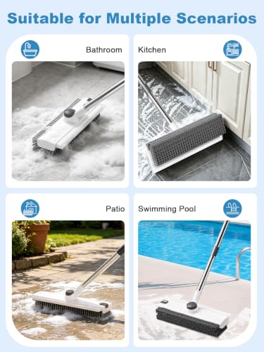 Floor Scrub Brush with Long Handle, 4 in 1 Shower Scrubber with Floor Squeegee and Heavy-Duty Stiff Bristle Push Broom for Cleaning Shower Bathroom Patio Pool Kitchen Wall Deck Tile Garage - color: White
