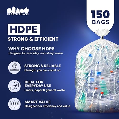 Plasticplace 56 Gallon Trash Bags - Clear High Density Garbage Bags - Heavy Duty, Scent-Free, Large Trash Can Liners for Kitchen, Commercial, & Garden Use 16 Microns, Leak-Proof, 43" x 48" (150 Count)