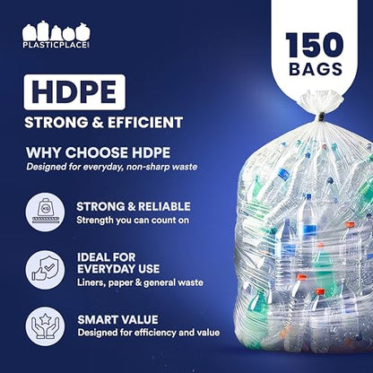 Plasticplace 56 Gallon Trash Bags - Clear High Density Garbage Bags - Heavy Duty, Scent-Free, Large Trash Can Liners for Kitchen, Commercial, & Garden Use 16 Microns, Leak-Proof, 43" x 48" (150 Count)