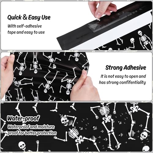 JarThenaAMCS 100Pcs Halloween Poly Mailers 10 x 13 Inch Black Dancing Skeleton Packaging Bags Self Seal Mailing Envelope Bags for Small Business Clothing - style: Dancing Skeleton