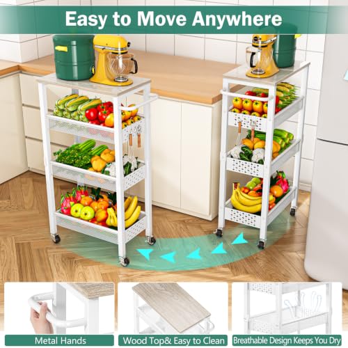 Vivihomety 4-Tier Laundry Utility Rolling Storage Cart with Wheels, Metal - color: White, size: 8.1 inch wide