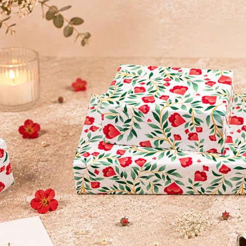 Burymento Floral Gift Wrapping Paper Roll for Women Girls - color: White - Red Floral