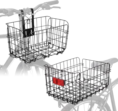 Zhengmy Folding Bike Basket Set of 2 Front and Rear, Large Capacity Metal Wire Bicycle Basket Quick Release Cargo Rack with Reflective Light, Collapsible Bike Storage for Commuting Shopping Pets