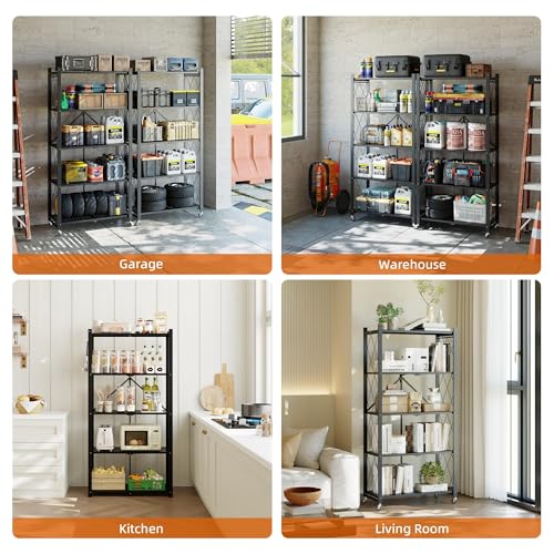 Fenbeli 5-Tier Folding Metal Storage Shelves with Wheels, 750 lb Capacity - color: Black, size: 5 Tier