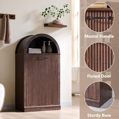 IFGET Arch Tilt-Out Trash Can Cabinet, Fluted Kitchen Trash Can 10 Gallon with Open Shelf, Modern Laundry Hamper Cabinet, Hidden Garbage Can with Storage Basket for Living Room, Kitchen Brown - color: Brown