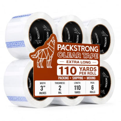 Packstrong Heavy Duty Packing Tape 6 Rolls, 3 Inch Wide 2.0 Mil 110 Yards - size: 3" Wide x 2 Mil Thick