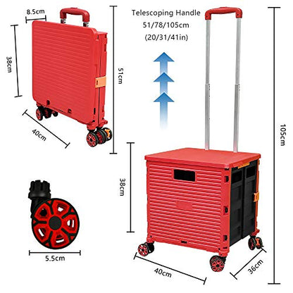 Quick Utility Cart Four -Rotate Wheeled Collapsible Handcart with Durable Heavy Duty Plastic Telescoping Handle for Travel Shopping Moving Luggage Office Use - color: Red