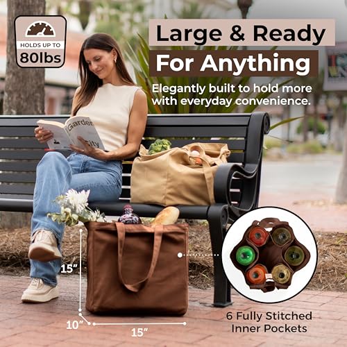 VeraMia Canvas Grocery Bag 3pc XL Set with Real Pockets, Long Shoulder Strap and Short Handle. Heavy Duty, Foldable, Washable - color: Dark Chocolate