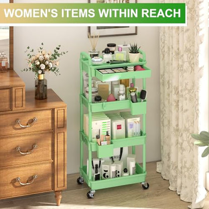 Goovilla 4 Tier Rolling Utility Cart Organizer with Removable Drawer, Green - size: 4 Tier, style: Green