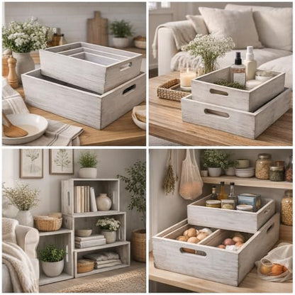 Oojami 4 Pack Nesting Wooden Crates for Display, Whitewashed with Handles - color: Rustic White