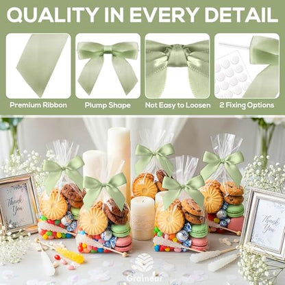 50 Pcs Sage Green Satin Ribbon Bows, 3.5" x 3.5", with Twist Ties - color: Sage Green