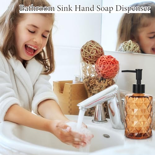 Brown Glass Soap Dispenser, 11 Oz/330ml Liquid Hand Soap Dispenser Set for Kitchen Sink and Bathroom, Dish Lotion Dispenser Set, Diamond Lotion Bottles with Black Pump&Funnel - color: Brown&black