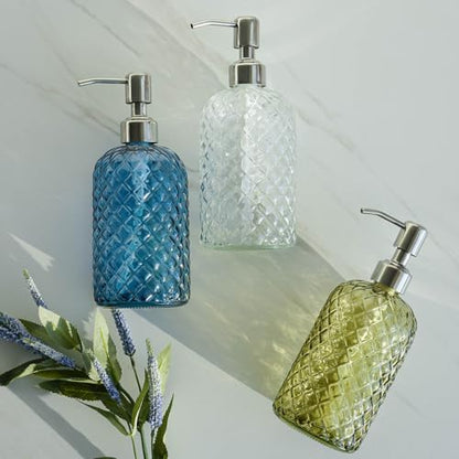 JASAI 18Oz Gem Patterned Glass Soap Dispenser for Kitchen and Bathroom - color: Navy Blue