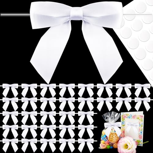 50 Pcs White Satin Ribbon Bows, 3.5" x 3.5", with Twist Ties - color: White