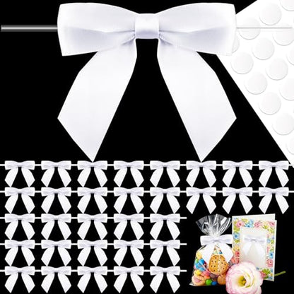 50 Pcs White Satin Ribbon Bows, 3.5" x 3.5", with Twist Ties - color: White