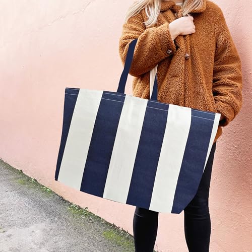 Large Canvas Tote Bag Reusable Extra Big Grocery Bags - color: Blue White Stripe