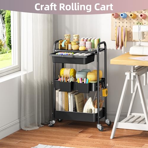 KINGRACK 3 Tier Metal Rolling Cart with Drawer, Black Utility Storage Cart - color: Black