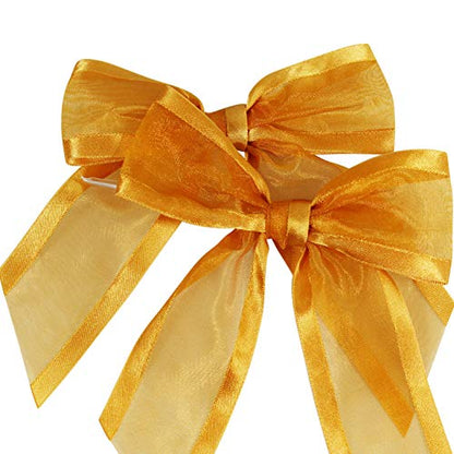 Gold Pre-Tied Organza Bows with Twist Ties. Pack of 12 Satin-Edged Fabric Bows Made of 1-1/2" Ribbon. Bow Measures 4" Wide (12, Gold) - color: Gold