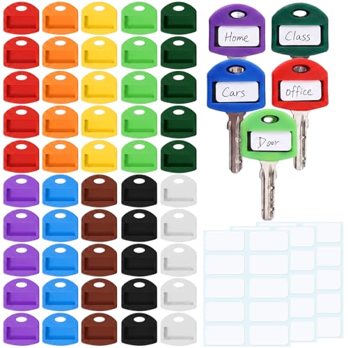 50 Pcs Key Colored Covers, Key Label Tags with Self Adhesive Labels, 10 Colors Set Square Keys Tags Identifiers for House Keys Organization, Office Travel Use