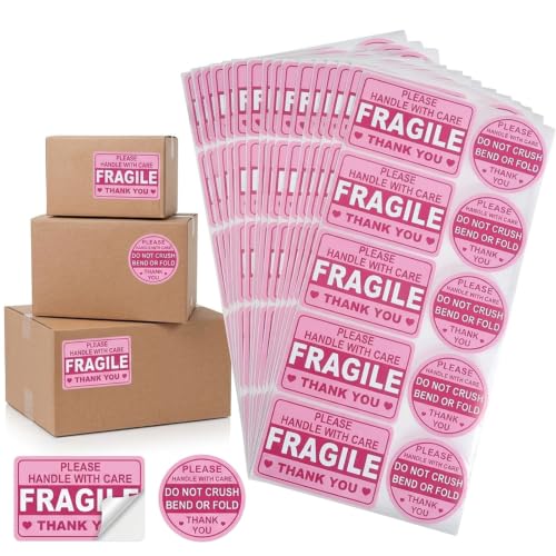 300 Pcs Fragile Stickers for Shipping, Pink Handle with Care Labels, 3 x 2 Inch Fragile Labels and 2 Inch Do Not Bend Stickers for Moving Boxes, Mailers, Packaging