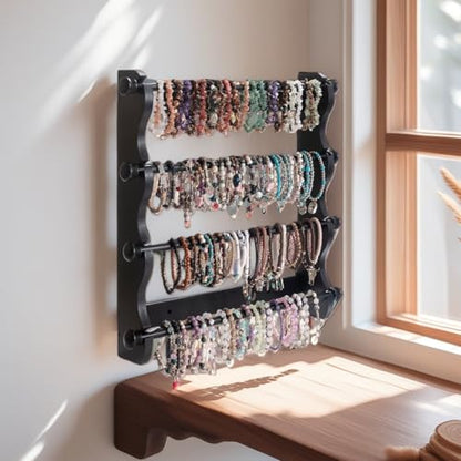 4-Tier Wooden Bracelet Holder Wall-Mounted – Black Jewelry Display Stand - style: Wall-Mounted–Black