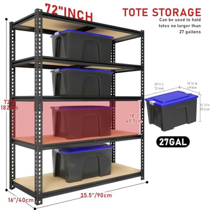 72" H Heavy Duty Garage Shelving, 2400LBS Capacity 5-Tier Storage Shelves,Adjustable Industrial Metal Garage Shelves for Basement Pantry Kitchen Warehouse, 16" D x 36" Wx72 H,Black - size: 16"D x 35.5"W x 72"H(Metal Board)