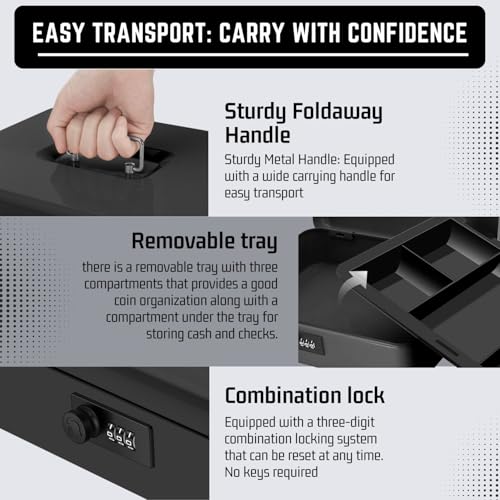 Flexzion Metal Cash Box with Combination Lock, Money Tray, 11.8 in, Black - color: Black
