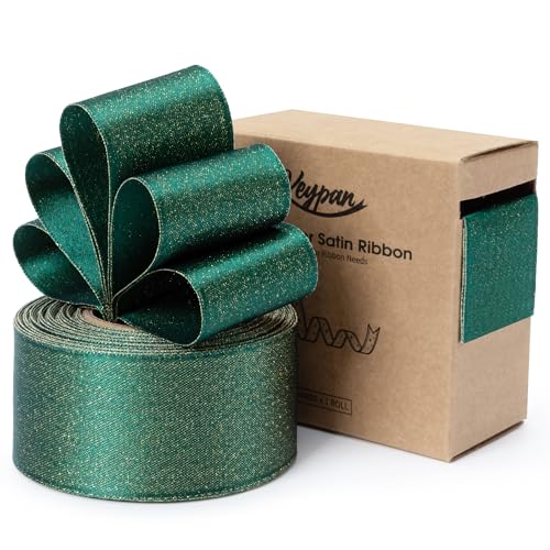Keypan Green Satin Ribbon Wired Gold Glitter 1-1/2 Inch x 10 Yards - color: Glitter Green, size: 1-1/2"