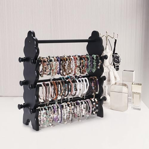 Two-Sided Wooden Bracelet Holder Display Stand with 6 Removable Holders - style: 6 Tier-Black