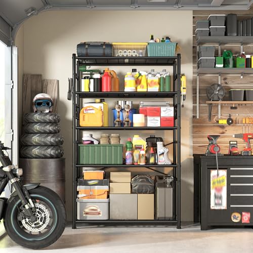 DurayLoly Heavy Duty 5-Tier 1000LBS Metal Shelving with 4 Side Hooks, Black - size: 36" W x 12" D x 72" H (5T)