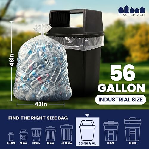 Plasticplace 56 Gallon Trash Bags - Clear High Density Garbage Bags - Heavy Duty, Scent-Free, Large Trash Can Liners for Kitchen, Commercial, & Garden Use 16 Microns, Leak-Proof, 43" x 48" (150 Count)