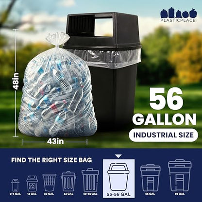 Plasticplace 56 Gallon Trash Bags - Clear High Density Garbage Bags - Heavy Duty, Scent-Free, Large Trash Can Liners for Kitchen, Commercial, & Garden Use 16 Microns, Leak-Proof, 43" x 48" (150 Count)