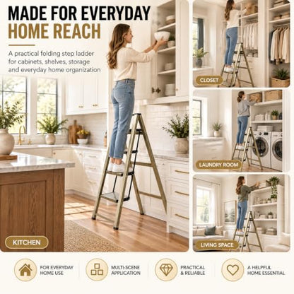 HISMOCAL 4 Step Ladder, Folding Step Stool, 330 lb Aluminum with Wide Steps - color: Golden, size: 4 Step