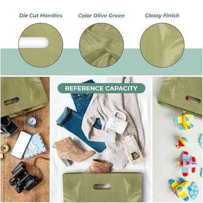 15x18 Olive Plastic Bags, 2" Gusset, Glossy, Die-Cut, 1.25 Mil, 100 Pack