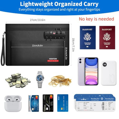 Hontom Double Layer Fireproof Money Bag for Cash with Lock & Hidden Zipper - color: Black