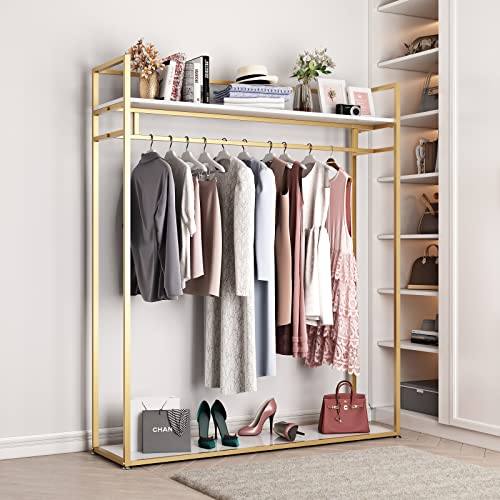 Heavy Duty Gold Clothing Rack with Shelves for Hanging Clothing, Gold Metal Freestanding Garment Rack for Retail Display (59" L) - style: double-59