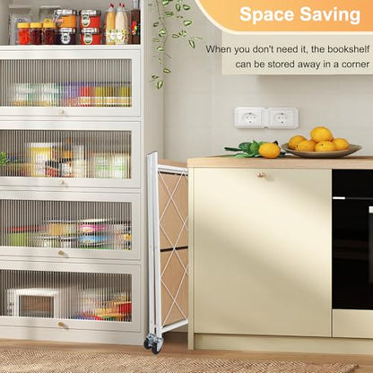 3 Tier Folding Shelf with Wheels, Metal Steel Collapsible Shelves - color: Natural, size: 3 Tier