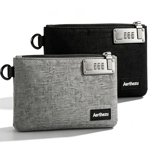 2 Pack Cash Locking Bags with Zipper, 5x8 Inches Travel Safe Lockable Bank Bag, 3-Digit Combination Lock for Money, Passport, Medicine & Valuables, Grey + Black