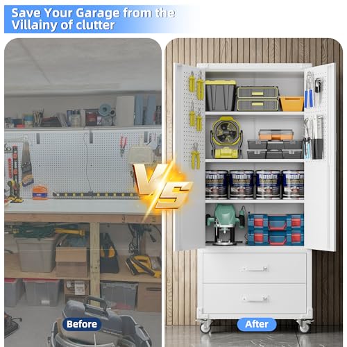 Metal Garage Storage Cabinet with Wheels, 2 Drawers and Pegboard, White - color: White, size: 15.2"D x 30"W x 71.2"H
