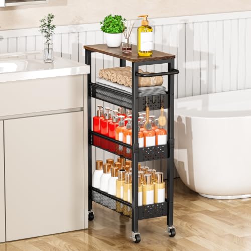 Vivihomety 4-Tier Slim Utility Rolling Laundry Cart with Wheels, Metal - color: Black, size: 7.1 inch wide