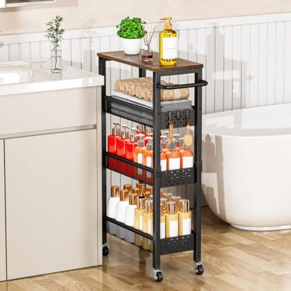 Vivihomety 4-Tier Slim Utility Rolling Laundry Cart with Wheels, Metal - color: Black, size: 7.1 inch wide