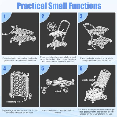 Foldable Shopping Cart, Heavy Duty Collapsible Cart with Wheels, 198 lbs Capacity, Compact Fold to 4.33", Aluminum Frame & Removable PP Wheels, Includes 2 Storage Boxes (Blue)